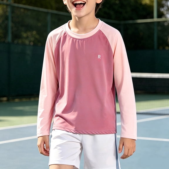 OOOUM Boys Raglan Long Sleeve Athletic Shirts Quick Dry Breathable Summer Tops Lightweight Stretch Training Running Rash Guard Pink 7-8 Years