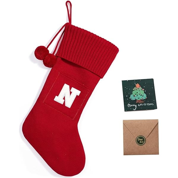 wonima02 16.5 Inches Initial Christmas Stockings with 26 Letters Monogram Christmas Stocking Knitted Embroidered Letter Christmas Decorations for Family Holiday Party Xmas Stockings(Red N)