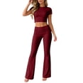 thumbnail image 5 of LEKWK Workout Sets for Women Short Sleeve Crewneck Crop Top and Low-Rise Flared Leggings Summer Fashion Yoga Athletic Gym Casual Lounge Outfits, 5 of 7