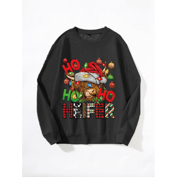 Whicone Men's Crewneck Sweatshirt Ho Ho Heifer Christmas Highland Cow Santa Hat Print - Unisex Loose Fit, 100% Polyester, 3 Colors, S-XXL