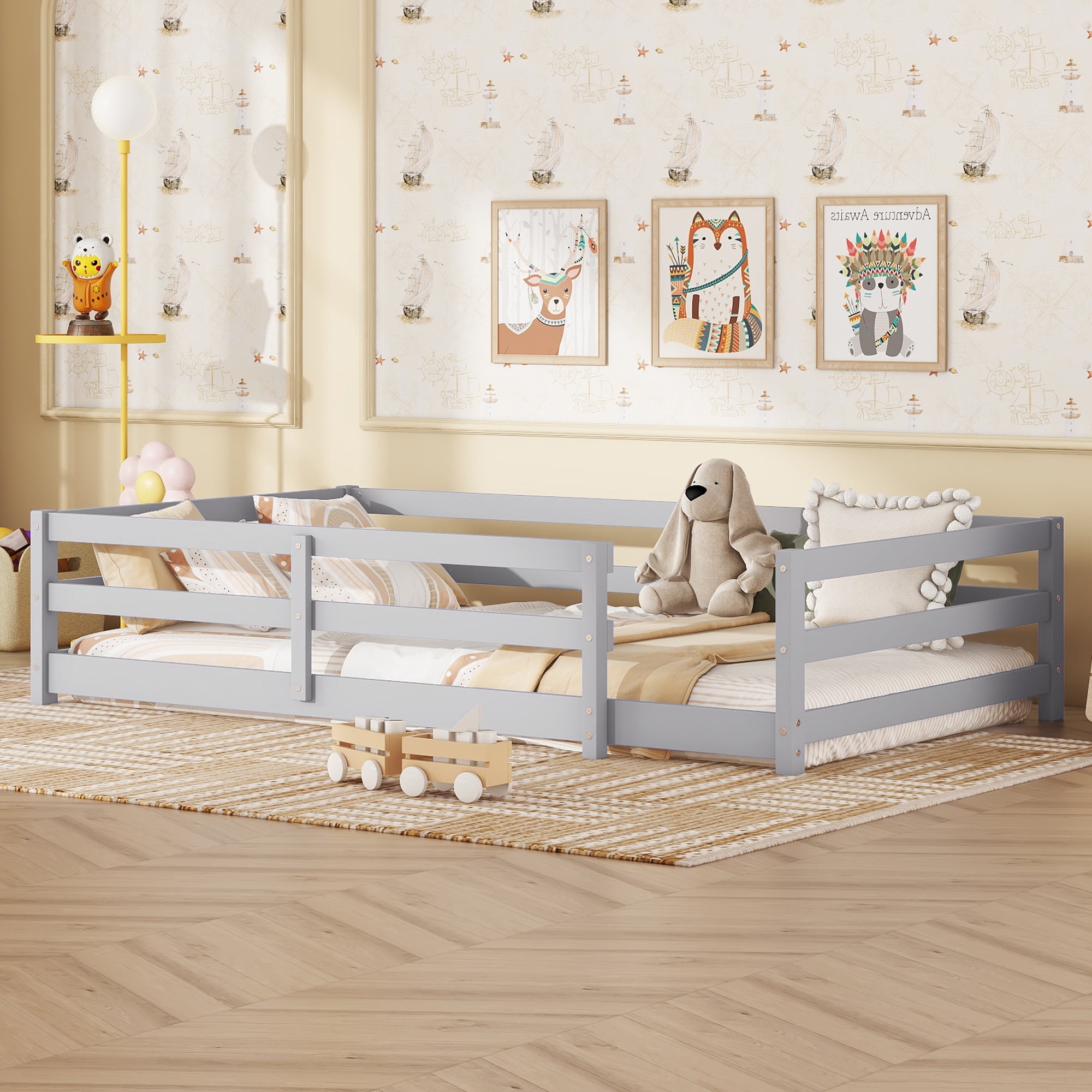 Floor Bed, Twin Size Montessori Bed Frame, Wood Floor Bed with Fence and Guardrails, No Box Spring Needed, Grey Wood Finish