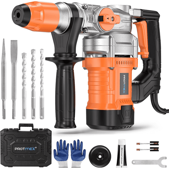 1-1/4 Inch SDS-Plus 13 Amp Heavy Duty Rotary Hammer Drill with Safety Clutch 3 Functions, Vibration Control, for Floor Tile Removal, Concrete Breaker, Including Grease, Chisels & Drill Bits