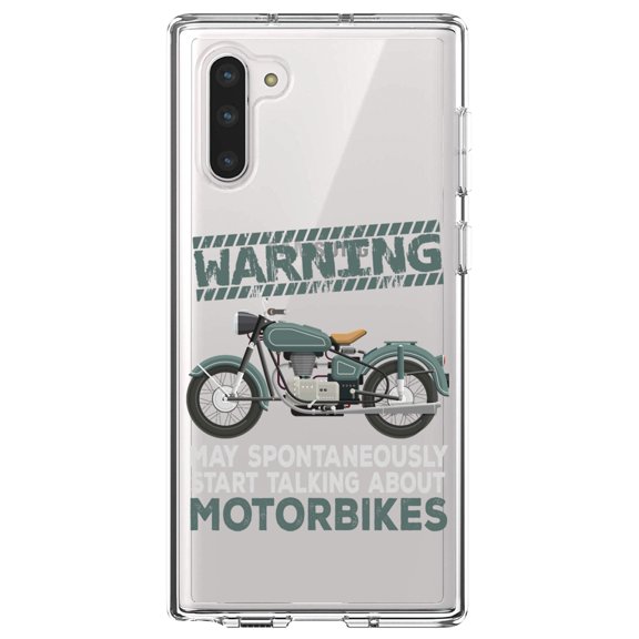 DistinctInk Clear Shockproof Hybrid Case for Samsung Galaxy Note 10 (6.3" Screen) - TPU Bumper Acrylic Back Tempered Glass Screen Protector - Spontaneously Talking About Motorcycles