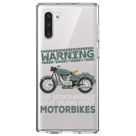 DistinctInk Clear Shockproof Hybrid Case for Samsung Galaxy Note 10 (6.3 Screen) - TPU Bumper Acrylic Back Tempered Glass Screen Protector - Spontaneously Talking About Motorcycles