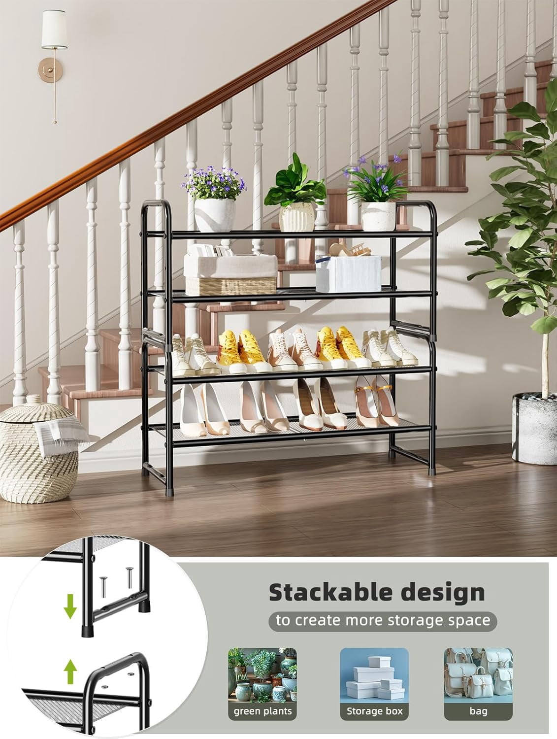 SUFAUY 2 Tier 33" Wide Shoe Rack Stackable, Metal Mesh, Black