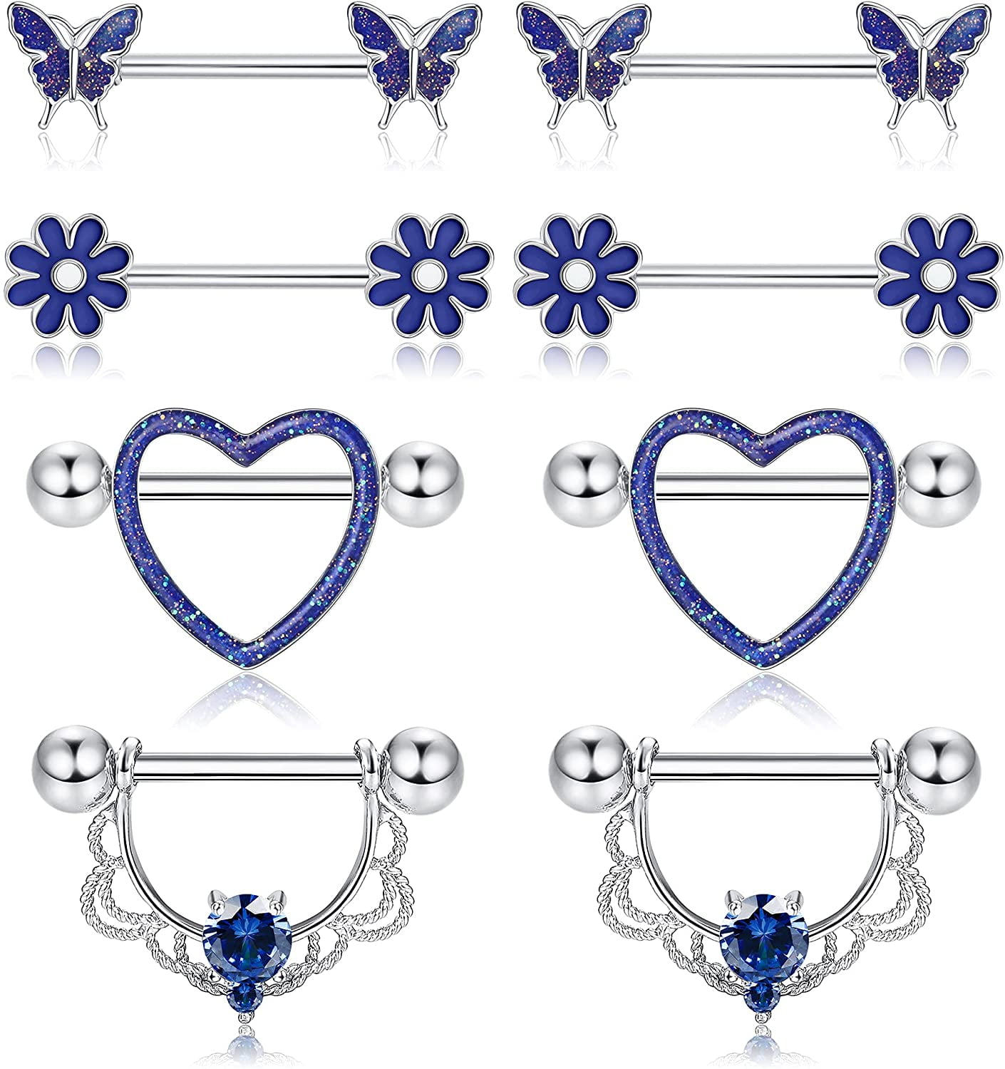 Jstyle 4 Pairs 14G Nipple Rings for Women 316L Stainless Steel Heart CZ