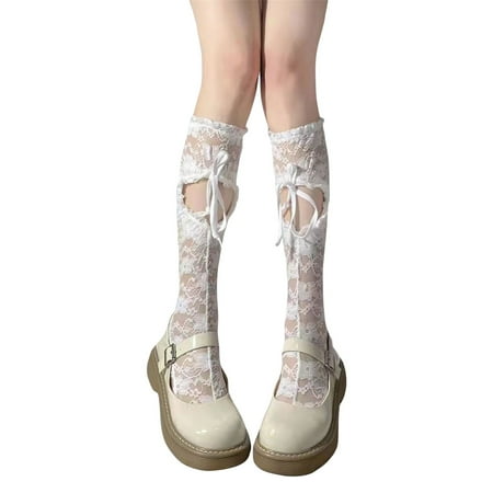 

Lieserram Women Lolita Lace Socks Gothic Knee High Socks Front Drawstring Cutout Stockings