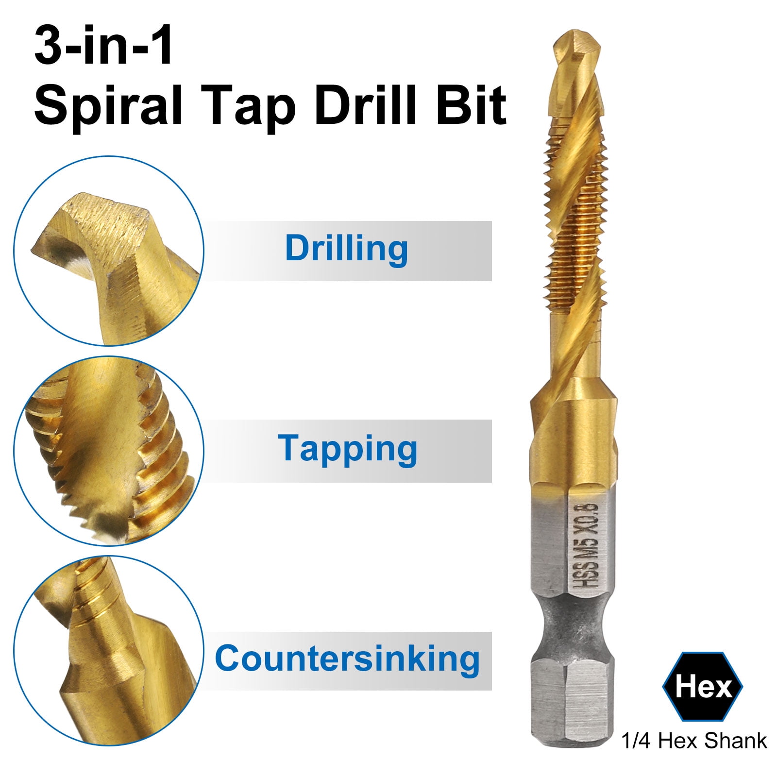 Uxcell 13 Pieces Combination Drill and Tap Bit Set, SAE 6-32NC to 1/4-20NC Metric M3 to M10 Taps Ti-Coated with Adapter