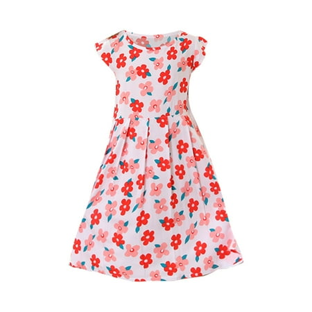 

Summer Kids Girls Casual Dresses Cute Floral Print Short Sleeve Round Neck Fashion Casual Dress