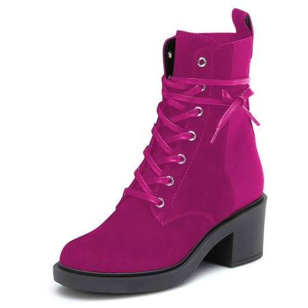 YDN Women s Closed Round Toe Lace Up Combat Booties Chunky Block Low Heel Ankle Boots Winter Date Party Shoes Size 8.5 Fuchsia