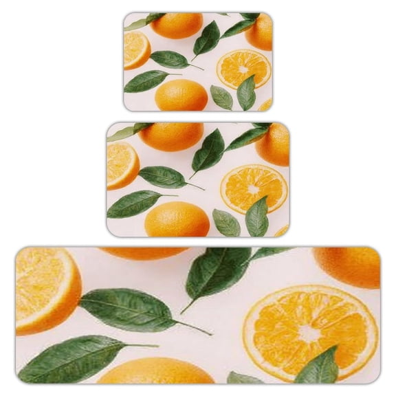 RKSupls Kitchen Rug Set 3 Piece Anti-Slip Flannel Floor Mats, Orange Fruit Leaves Washable Absorbent Runner Mats for Kitchen Bathroom Home Decor