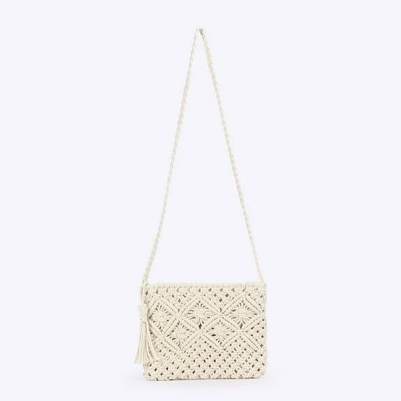 New Macrame Crossbody Bag, Cotton Rope Purse for Women, Retro Fringe Beach Bag for Summer Vacation, Festival, Travel