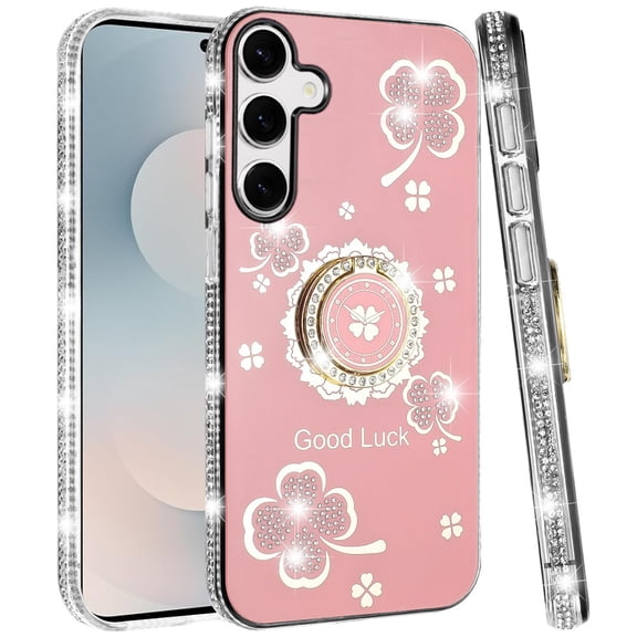 XPM for Samsung Galaxy S26 Phone Case, Diamonds Bling All Around Edges Sparkly Glitter Hybrid with Ring Stand Holder Fashion Good Luck Cover for Samsung s26 (Pink)