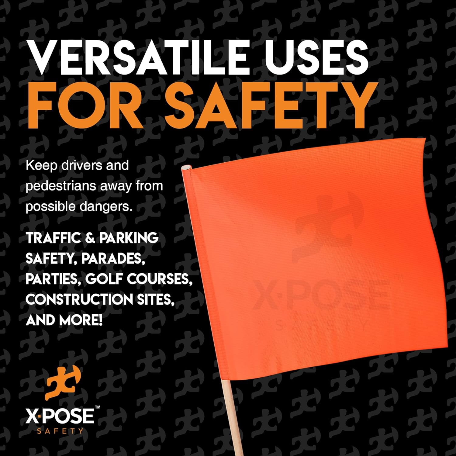 Orange Safety Flags - 18" x 18" Orange Warning Flag with 24" Wood Staff - Pack of 12 - Square Safety Flag - Oversize Signs and Flags - Wide Load Flags - Caution Flags for Roof - Oversized Load Flag -