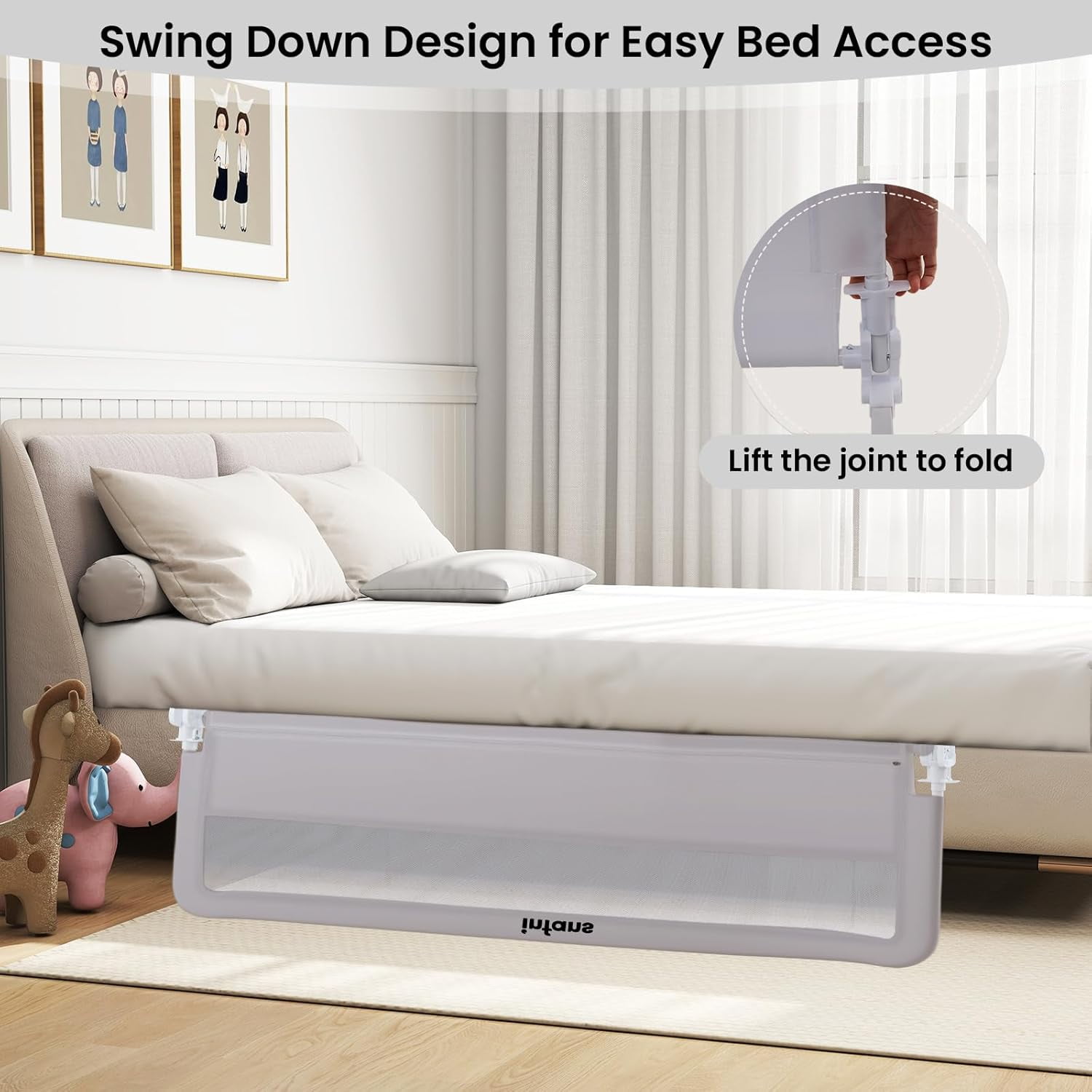 INFANS Bed Rail for Toddlers, 59" Foldable Safety Baby Bed Rail Fit for Kids Twin, Extra Long Swing Down Bed Guardrail for Convertible Queen, Full, King Mattress Side Guard