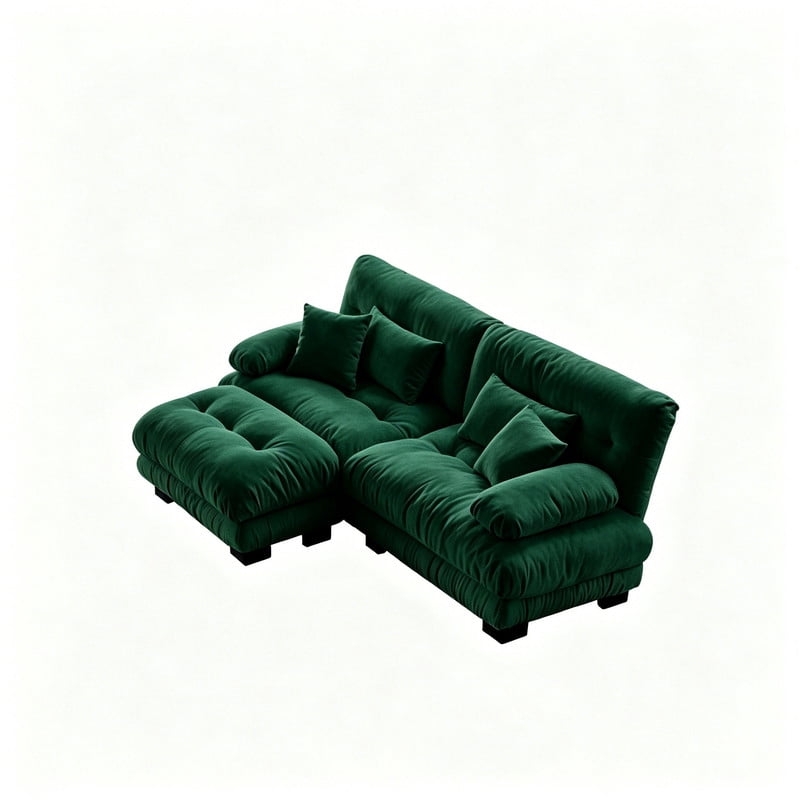 ANPPORT Cloud Couch Sleeper Sofa, Chenille Green 2-Seater Modular Sofa with 1 Ottomans, 2 Lumbar pillows, 2 Pillows, Comfy Deep Seat Cloud Sofa, Convertible L-Shaped Floor Couch for Living Room