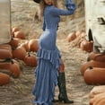 thumbnail image 6 of THDHVS Plus Size Dress,Dresses for Women,Deep V Neck Ruffle Hem Asymmetric Long Sleeve Dress Western Style Blue, 6 of 7