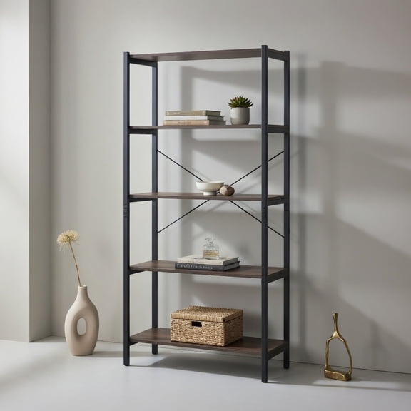 Spaco 5-Tier Industrial Bookshelf Display Storage Rack with Metal Frame-Gray, Tall Bookshelf, Shelves for Living Room, Home Office, Bedroom, Balcony