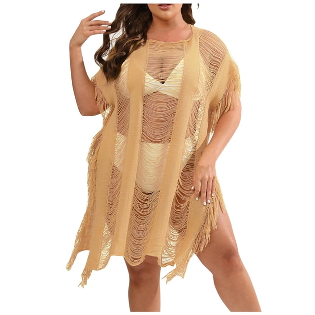 Plebaso Robe de Plage Grande Taille pour Femmes avec Franges et Découpes, Maillot de Bain, Robe de Plage pour Dames