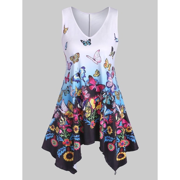 Además de la mariposa tamaño de la impresión del pañuelo Hem Tank Top Rosegal Camisetas sin mangas de talla grande