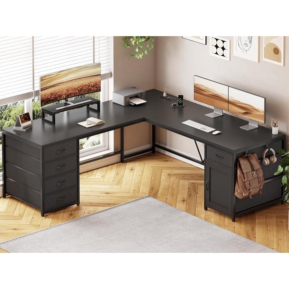 SEDETA L Shaped Desk, 63'' Computer Desk with 5 Drawer & Power Outlet, Long Home Office Desk or Corner Desk, Corner Desk with Monitor Shelf, Storage Cabinet, Black