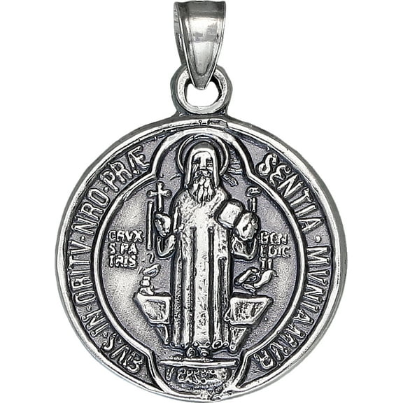 Sterling Silver Saint Benedict Medal Reversible Charm Pendant Necklace Antique Finish with 18 Inch Chain