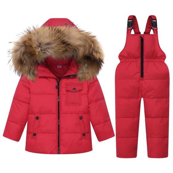 JiAmy Kids 2-Piece Snowsuit Set, Girls Winter Hooded Puffer Jacket & Snow Bib Pant, Boy Ski Suits Ultralight Outfit Red 3-4 Years