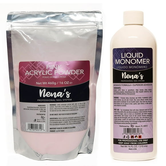 Nena's 16oz Acrylic Liquid monomer + 16oz Clear Acrylic Powder Made in USA Clear Pink (Pink)