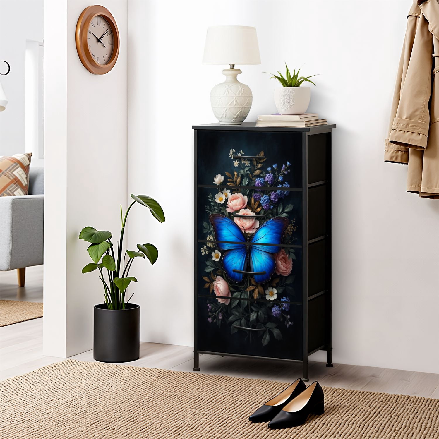 Gothic Dresser for Bedroom with 4 Storage Drawers Vibrant Blue Butterfly Elegant Floral romantic bouquet Dressers Chest of Drawers Steel Framed Fabric Closet Organizers for Dorm Entryway