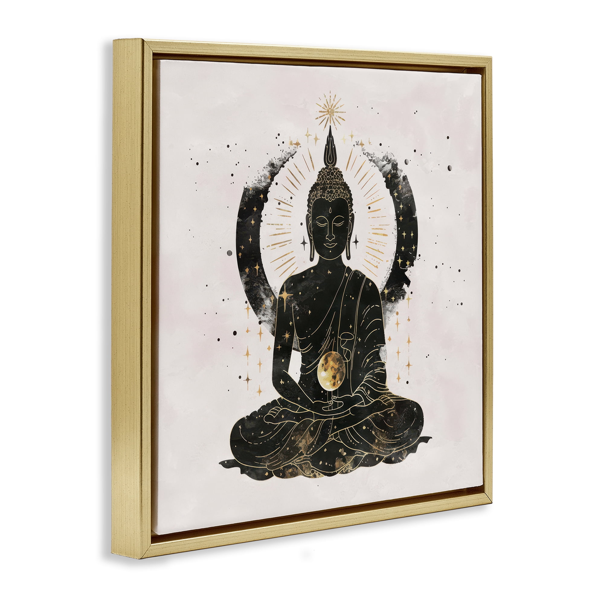 Stupell Industries Sitting Buddha Sun Rays Religious & Spiritual Painting Gold Floater Framed Canvas Art Print Wall Art, 18 x 18