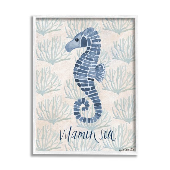 Stupell Industries Vitamin Sea Aquatic Pun Seahorse Graphic Art White Framed Art Print Wall Art, Design by Katie Doucette