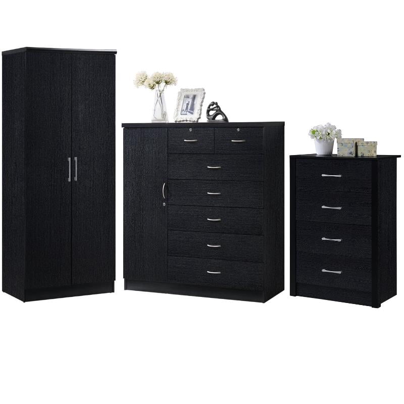 Home Square 3 Piece Bedroom Set with Two Door Armoire and Two Chests in Black - Walmart.com
