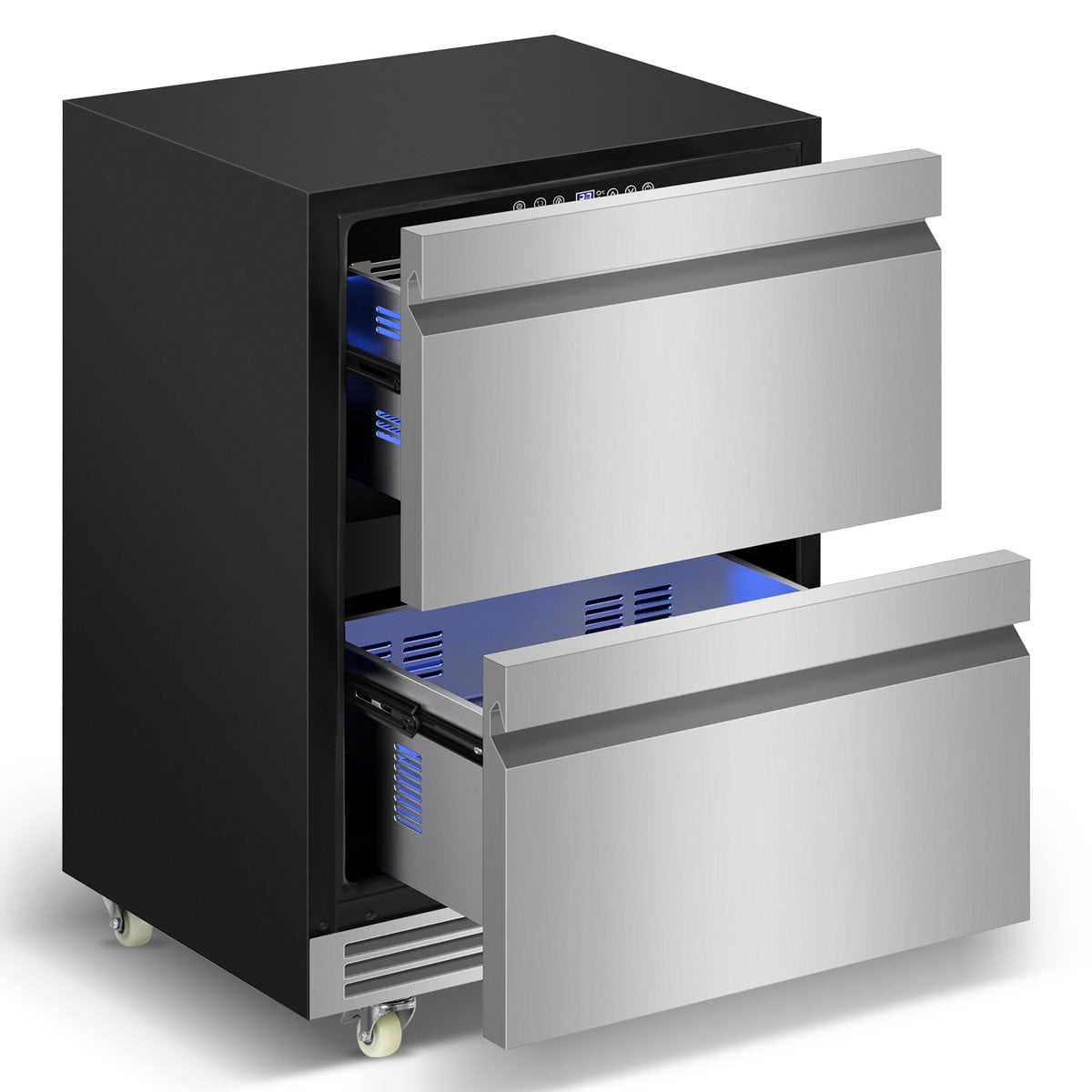 24-Inch Beverage Refrigerator Freestanding Or Built-In With Recessed Handle, Drawer Cooler, Under Counter, Locking Swivel Casters, Led Light, And Grid Organizer Home & Commercial Use
