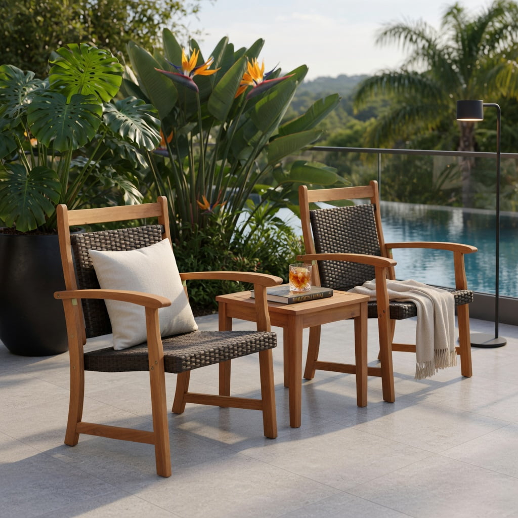 Hommoo 3-Piece Outdoor Rattan Bistro Set, 2 Acacia Wood Armchairs + Square Side Table, Rustic PE Wicker Patio Furniture for Garden, Balcony & Deck, Reddish Brown