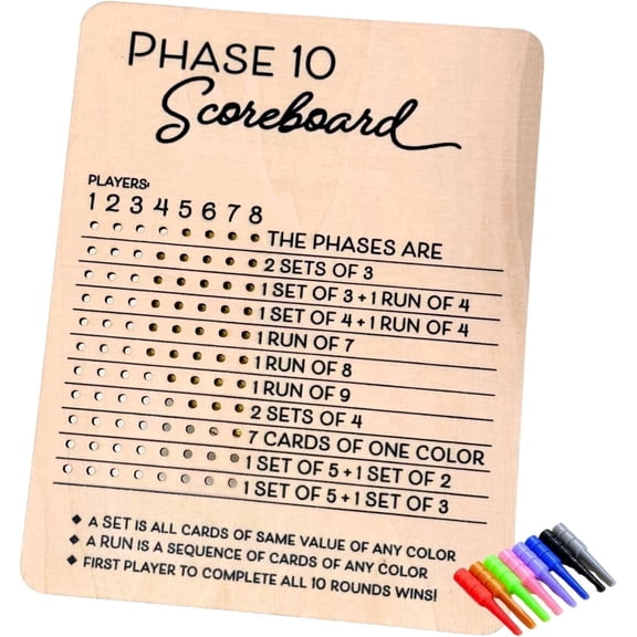 Unbranded Phase 10 Score Board, Wooden Scoreboard with 8 Colored Pegs, Score and Round Tracker, Party Game, 1 Pack
