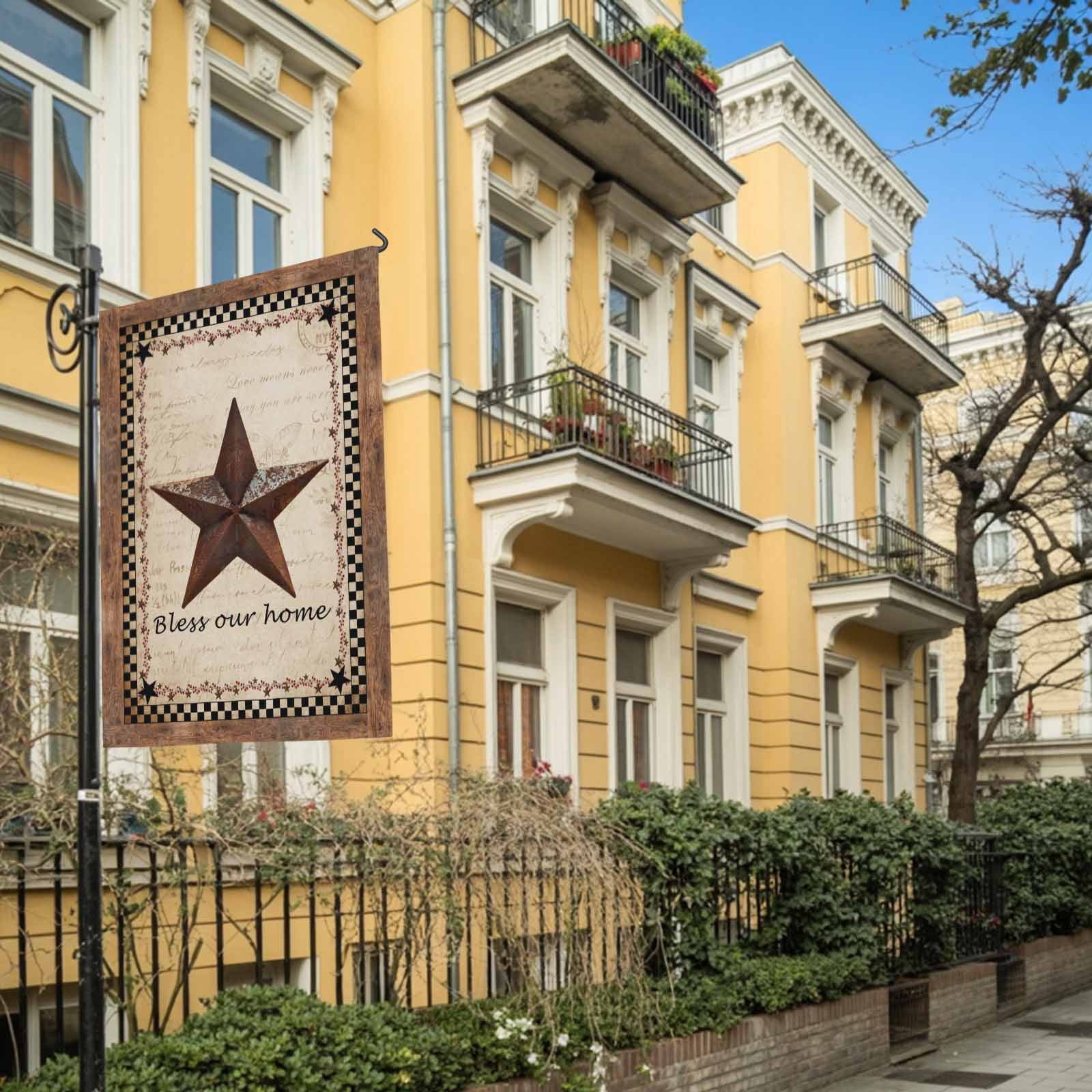 Retro Star House Flag 28 x 40 Inches, Bless Our Home Black Plaid Vintage Letter Farms Weather Proof Outdoor Patio Flags Double Sided Small House Decoration for Yard Lawn Outside Home