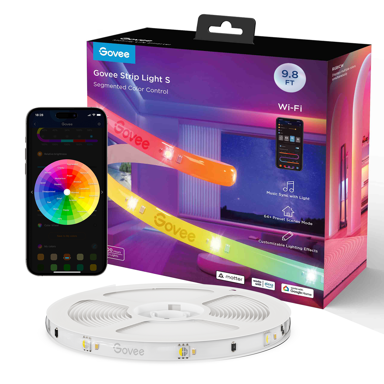 Govee RGBICW Wi-Fi LED Strip Light, 9.8ft, Smart App Control, Multicolor for Bedroom & TV Backlight