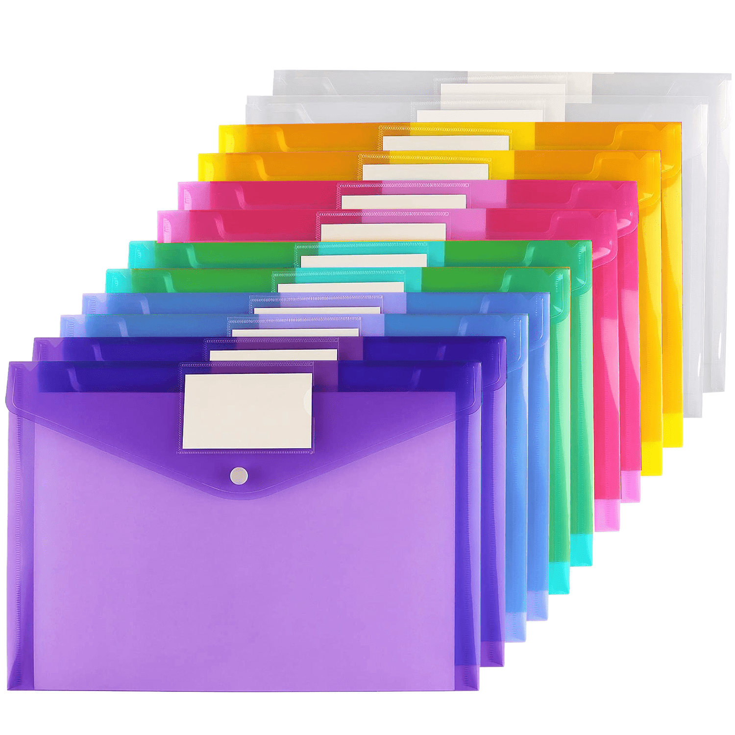 ZPARNO 12 Pack File Folders Plastic Envelopes, A4 Letter Size Folder for Document, Poly Envelopes with Label Pockets for School Home Work Office Organizer, 6 Colors