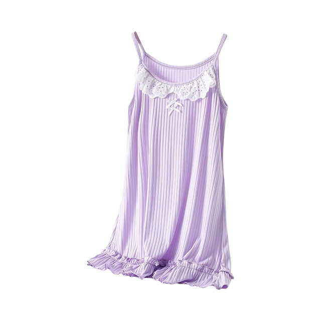 Robes d'Ado Col Rond Été Sans Manches Décontracté Plage Pyjamas Solides Vêtements de Maison Robe pour Tout-Petit Violet 5-6 Ans