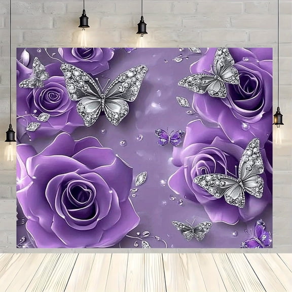 Romantic Purple Flower Wedding Backdrop Silver Purple Butterfly Birthday Photography Background Elegant Purple Rose Anniversary Party Decorations Banner Supplies Photo Booth Props