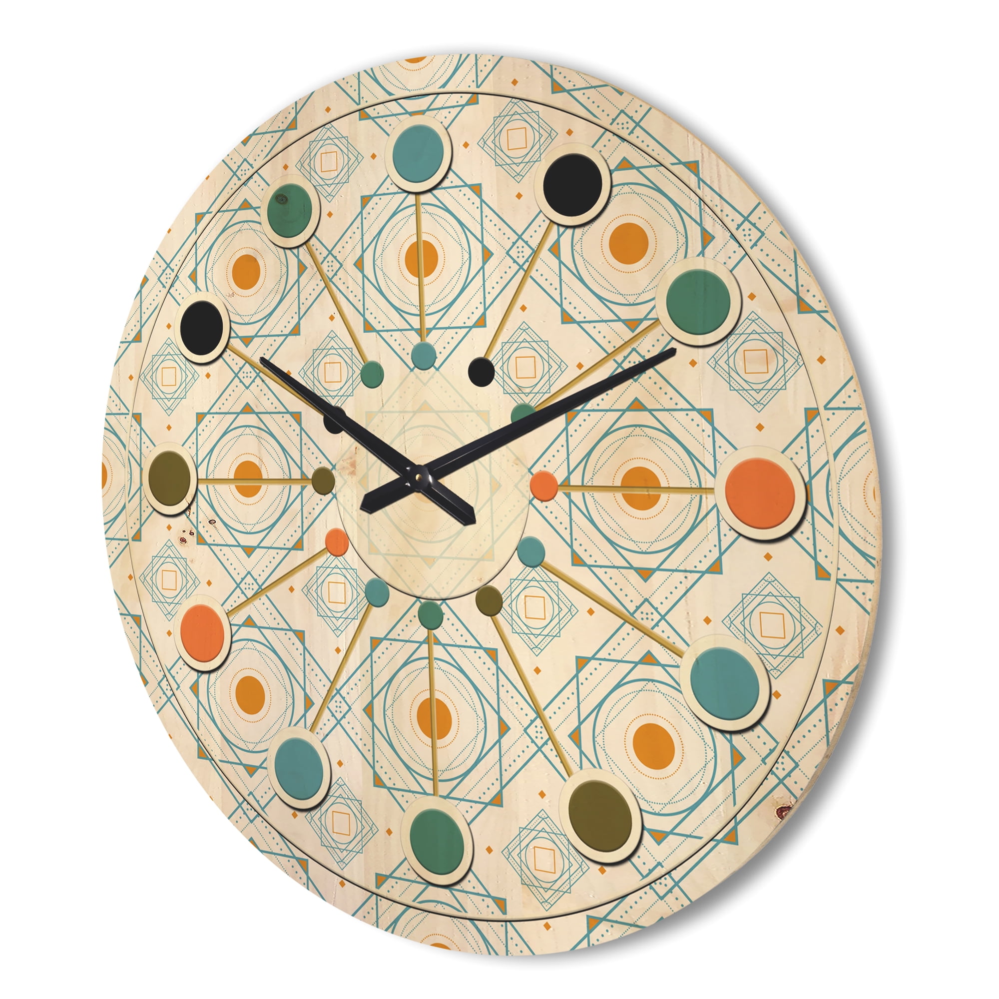 Designart 'Retro Minimal Patttern in Blue and Orange' Mid-Century Modern Wood Wall Clock