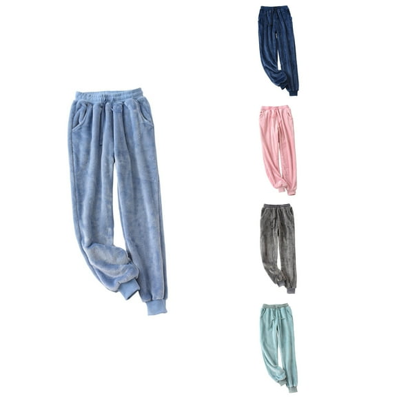 Antinious Women Solid Casual Thickened German Velvet Pajama Pants With Pockets Drawstring Cuff,Winter Pants for Women,Pajama Pants Women,Dark Blue,M
