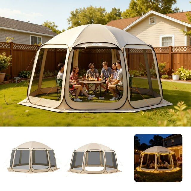 VEVOR Screen House Tent, 15 x 13.8 ft, 12-15 Person Pop Up Screen Tent, Portable Screened in Canopy with Carry Bag, Netting Sides, Ground Stakes, for Garden, Patio, Backyard, Outdoor Activities, Beige