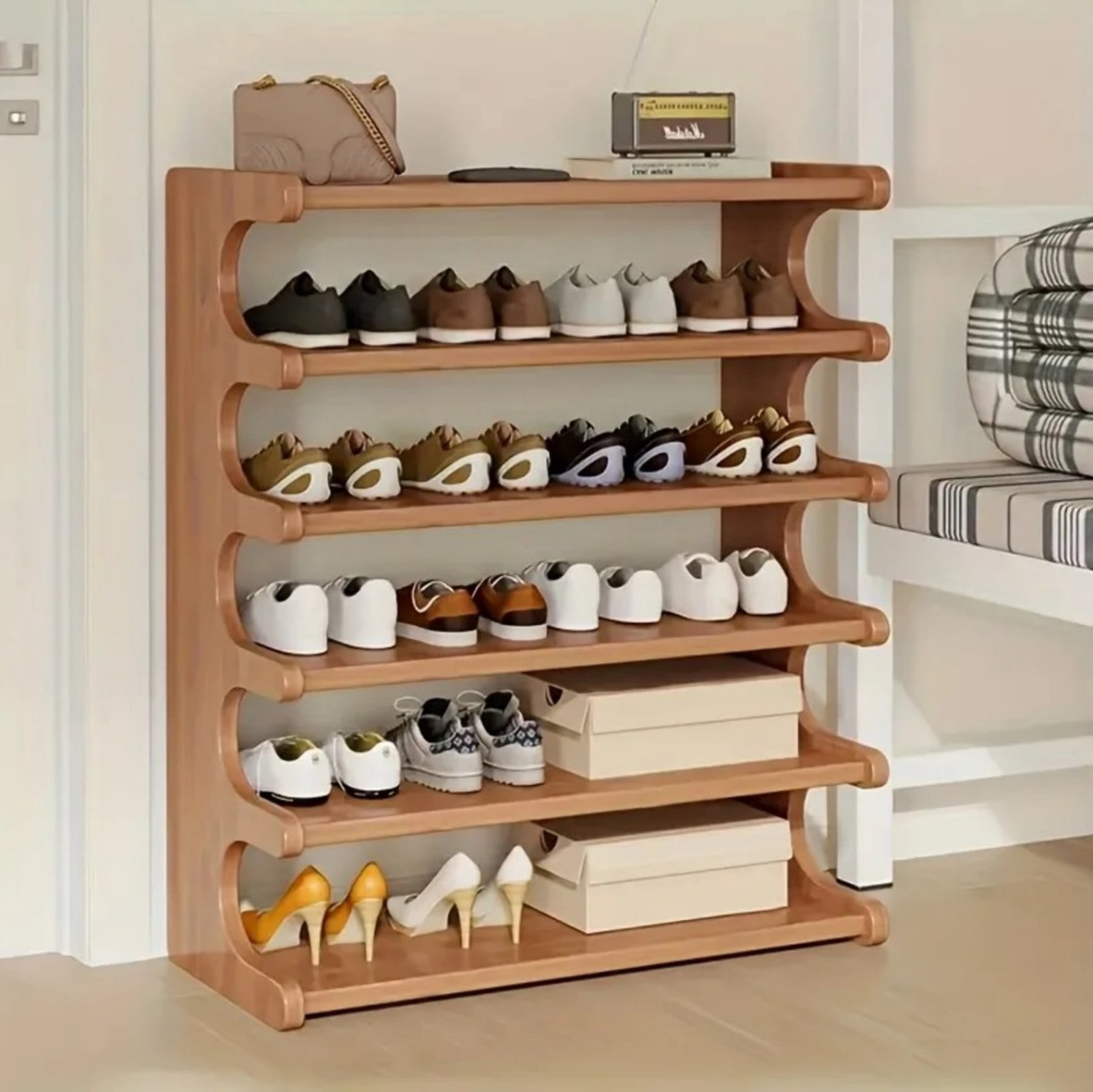 5 Tier Bamboo Shoe Rack Organizer, Free Standing Vertical Shoe Storage Shelf for Entryway Closet Hallway, Brown