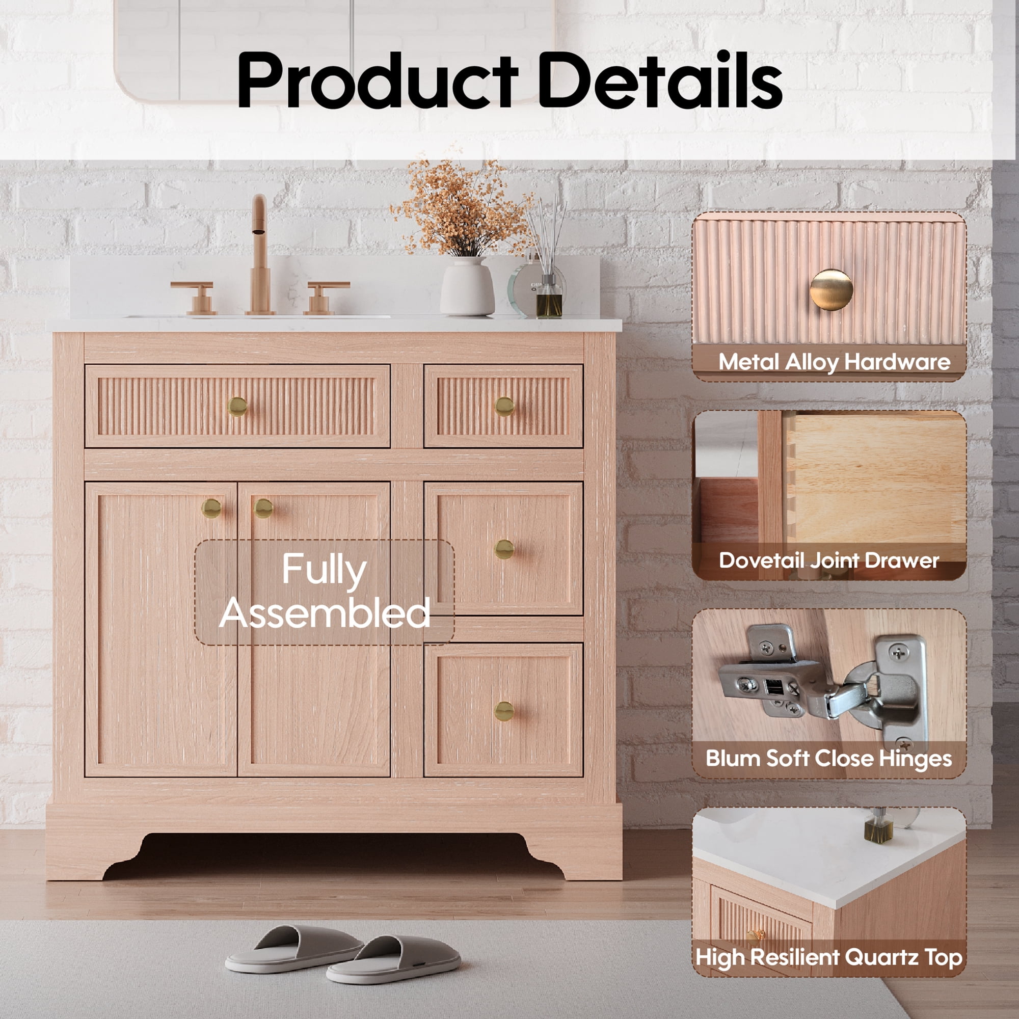 ANGELES HOME 36" Bathroom Vanity with Single Sink Combo, Modern Undermount Bathroom Sink Cabinet with 3 Drawers and a Tip-Out Drawer, Freestanding Bathroom Vanities, Soft Closing, Solid Wood