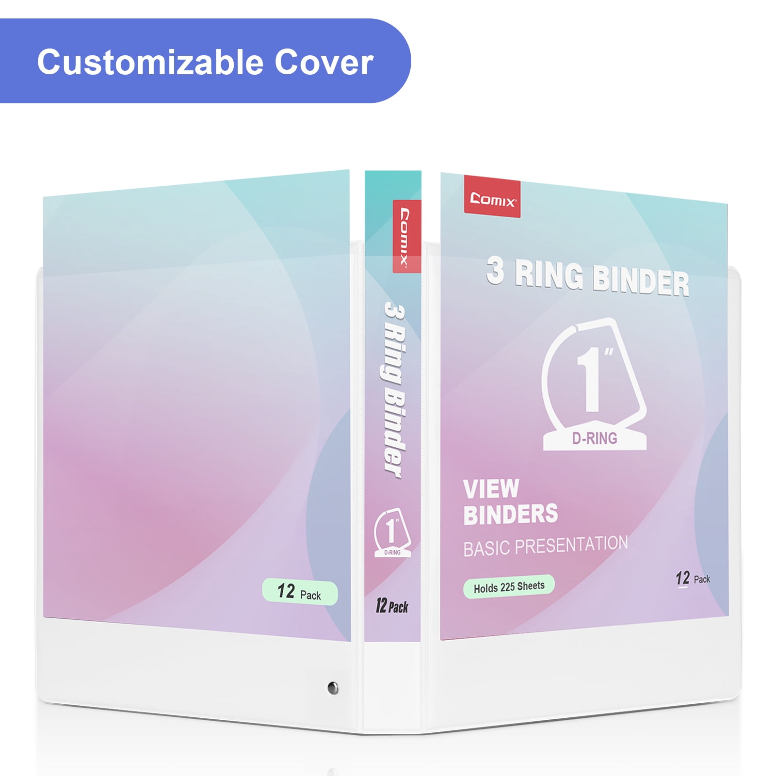Comix 1 inch 3 Ring Binder with Pockets, Strong D Ring, Fits Letter Size, Holds 225 Sheets, School Office Supplies,12-Pack White