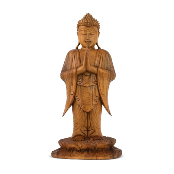 16" Wooden Hand Carved Serene Standing Buddha Statue Handmade Meditating Sculpture Figurine Home Decor Accent Handcrafted Gift Art Wood Oriental