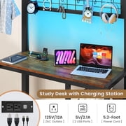 Metal Bunk Bed Twin Over Twin Size with Desk L-Shaped Bunk Bed with Led Lights & Charging Station for Adults, Twin Loft Bed Frame with Storage Shelves & Safety Guardrail & Ladder, Black