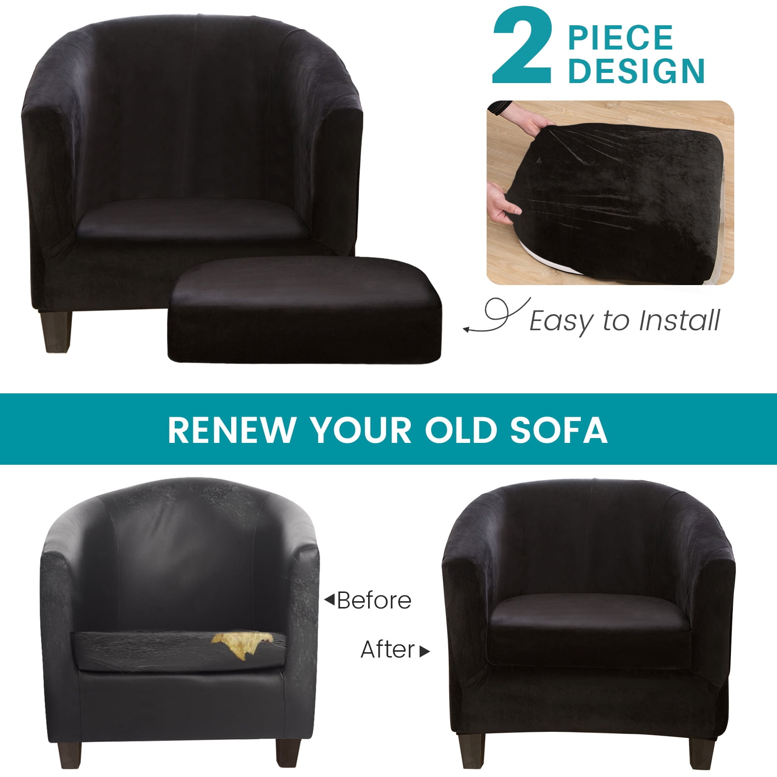 SHANNA Velvet Tub Chair Covers, 2 Pieces Stretch Modern Armchair Slipcovers Non Slip Sofa Couch Slipcover for Club Bar Counter Living Room Reception,With Separate Cushion Cover, Black, 2 Pack