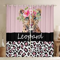 Homewish Cute Cheetah Curtains Pack of 2 (42x84 Each),Jungle Wildlife Curtains Blackout,Leopard Print Pink Flower Bedroom Curtains For Boy Kids,Super Cozy Room Decor